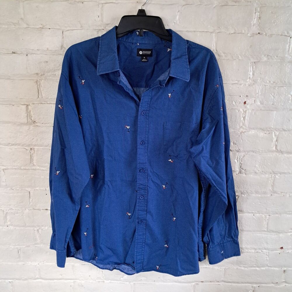 HAGGAR Mens Blue Martini Santa Hat Button Down Shirt Size XL Fun Christmas Shirt